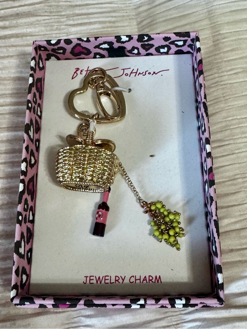 Betsey Johnson Gold Wine Basket & Grapes Charm Keychain and Purse Charm